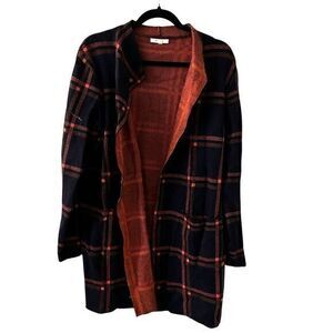 Sioni Womens Black Pink Plaid Rayon Blend Long Open Cardigan Size L